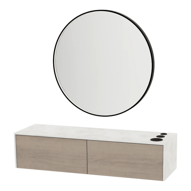 Glo Wall Mount Styling Station with Nestled Appliance Holder, Solid Surface Countertop, and Black Round Westin Mirror - Kaemark