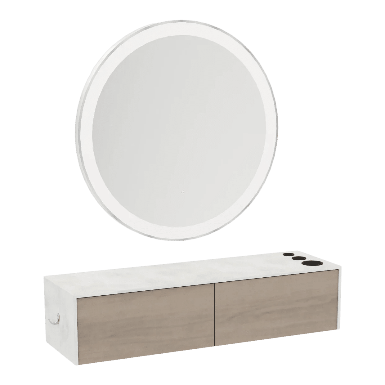 Glo Wall Mount Styling Station with Nestled Appliance Holder, Solid Surface Countertop, and Silver Round Glo Mirror - Kaemark