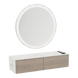 Glo Wall Mount Styling Station with Nestled Appliance Holder, Solid Surface Countertop, and Silver Round Glo Mirror - Kaemark