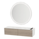 Glo Wall Mount Styling Station with Nestled Appliance Holder, Solid Surface Countertop, and Silver Round Glo Mirror - Kaemark
