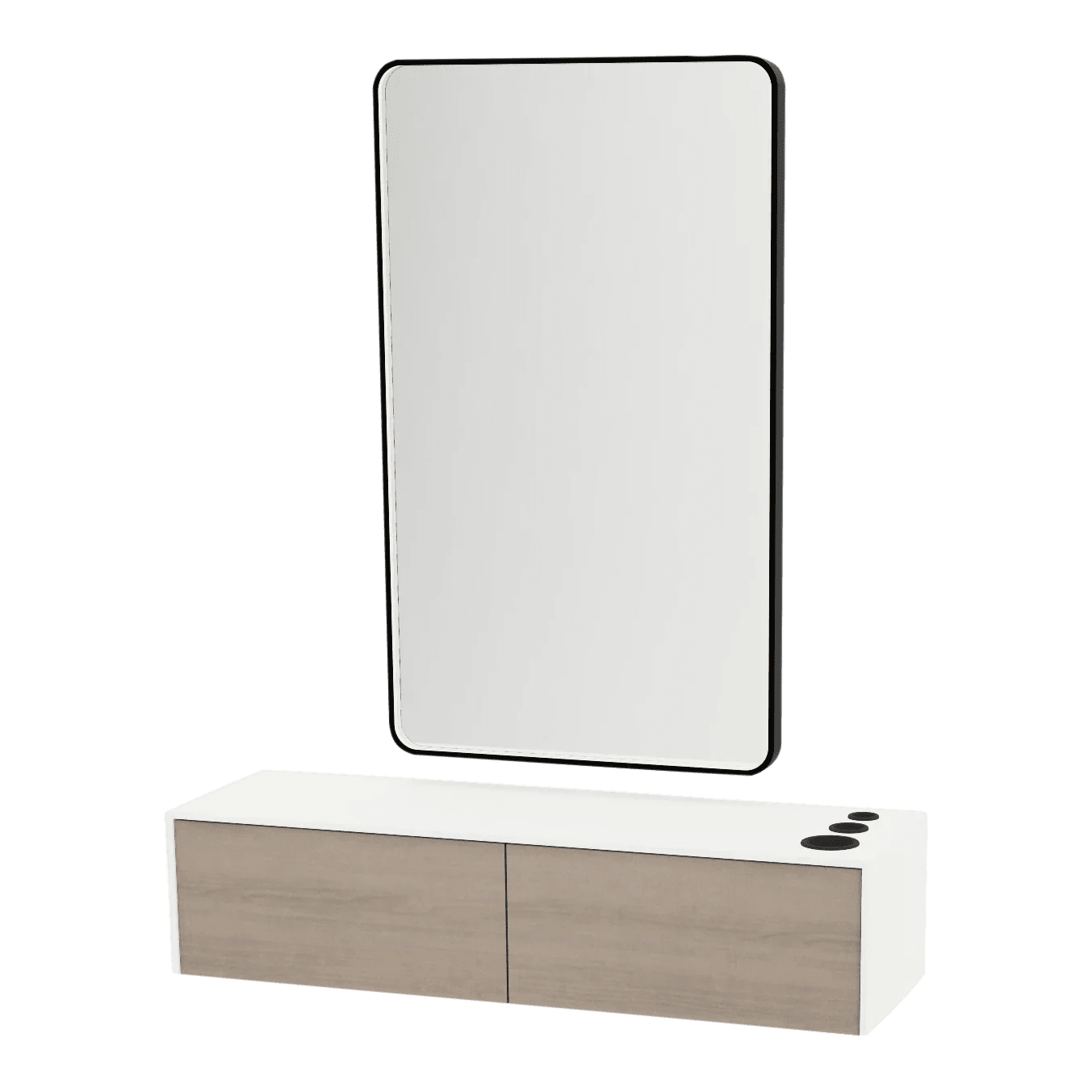 Glo Wall Mount Styling Station with Nestled Appliance Holder, Solid Surface Countertop, and Black Rectangle Westin Mirror - Kaemark