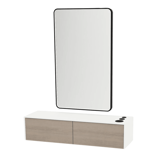 Glo Wall Mount Styling Station with Nestled Appliance Holder, Solid Surface Countertop, and Black Rectangle Westin Mirror - Kaemark