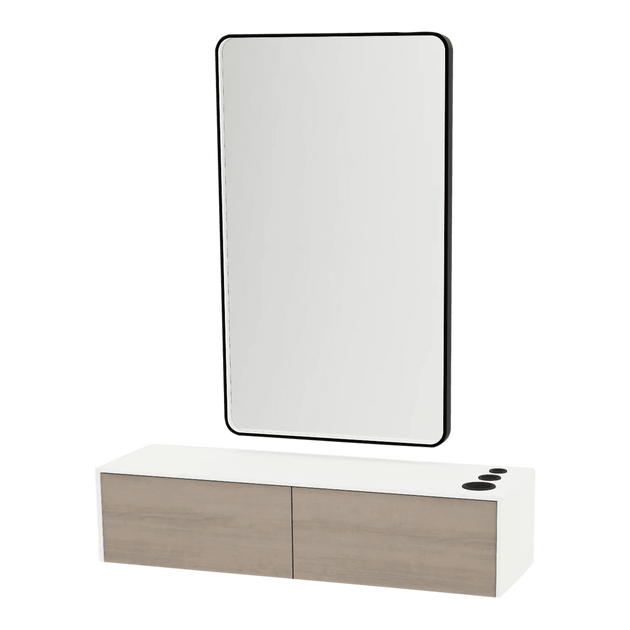 Glo Wall Mount Styling Station with Nestled Appliance Holder, Solid Surface Countertop, and Black Rectangle Westin Mirror - Kaemark