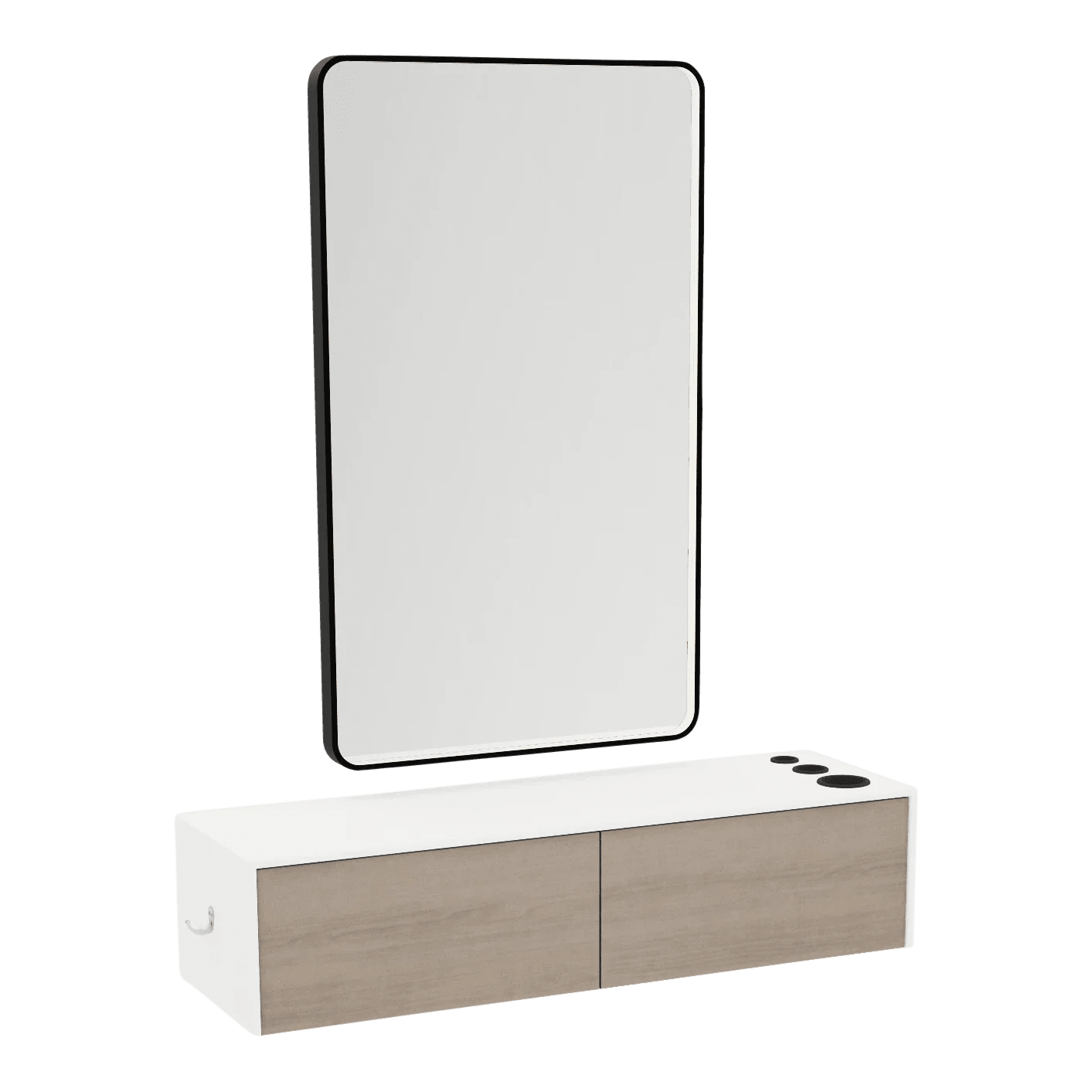 Glo Wall Mount Styling Station with Nestled Appliance Holder, Solid Surface Countertop, and Black Rectangle Westin Mirror - Kaemark