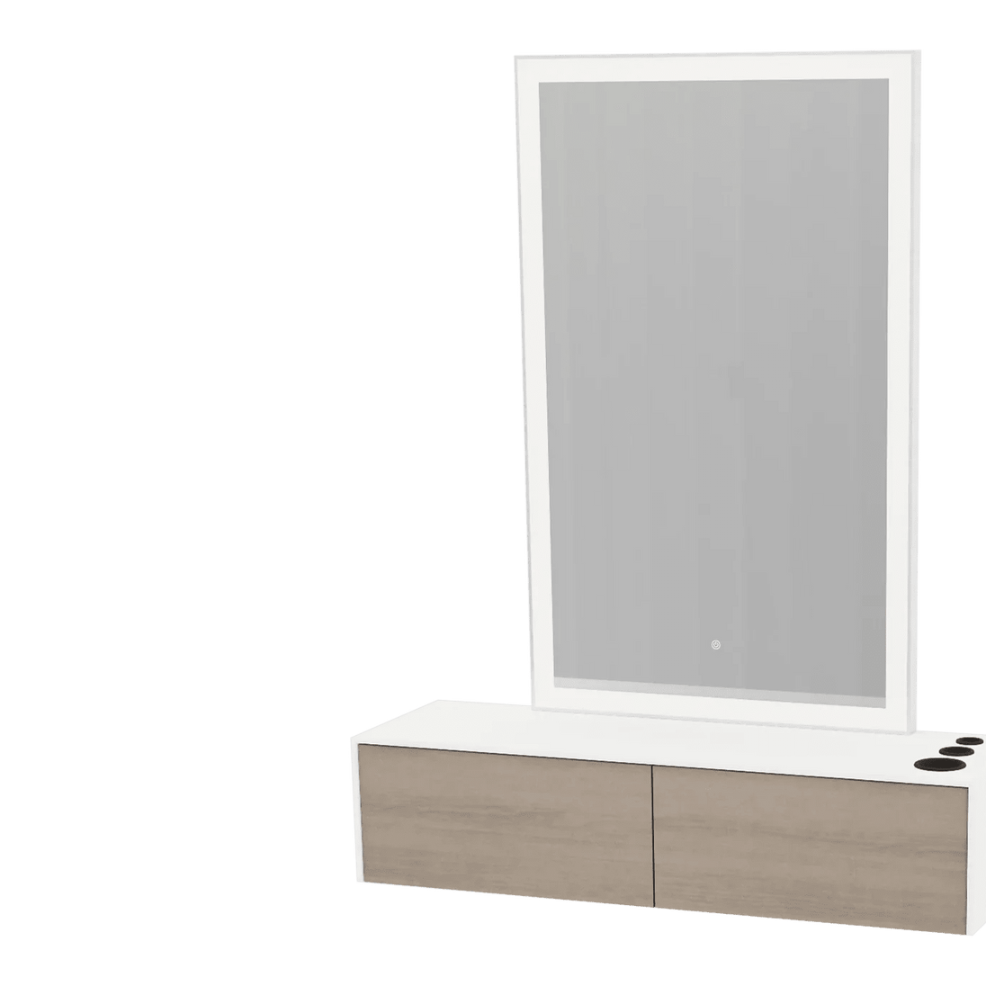 Glo Wall Mount Styling Station with Nestled Appliance Holder, Solid Surface Countertop, and Silver Rectangle Glo Mirror - Kaemark