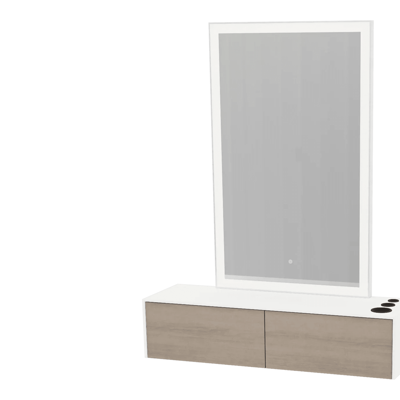 Glo Wall Mount Styling Station with Nestled Appliance Holder, Solid Surface Countertop, and Silver Rectangle Glo Mirror - Kaemark
