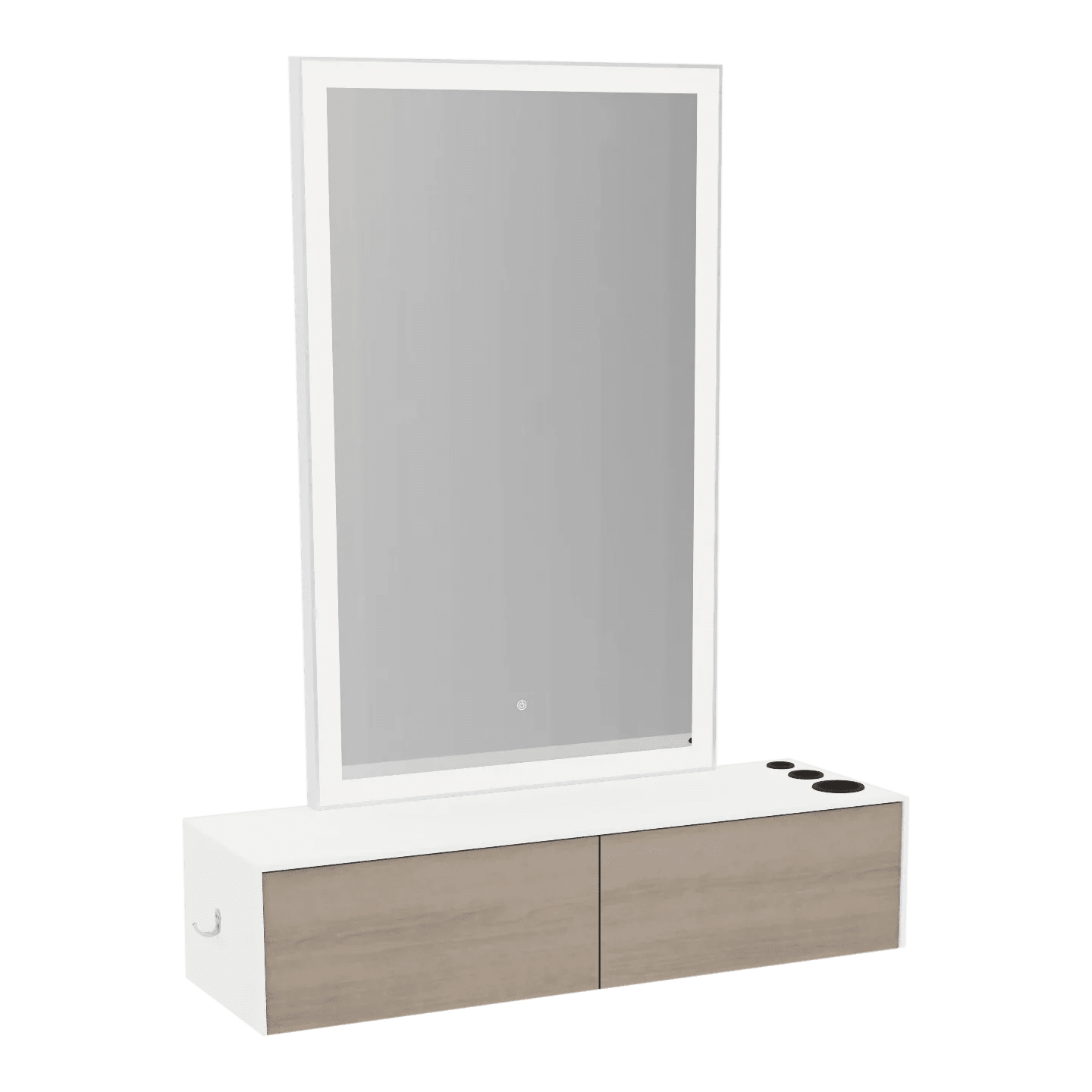 Glo Wall Mount Styling Station with Nestled Appliance Holder, Solid Surface Countertop, and Silver Rectangle Glo Mirror - Kaemark
