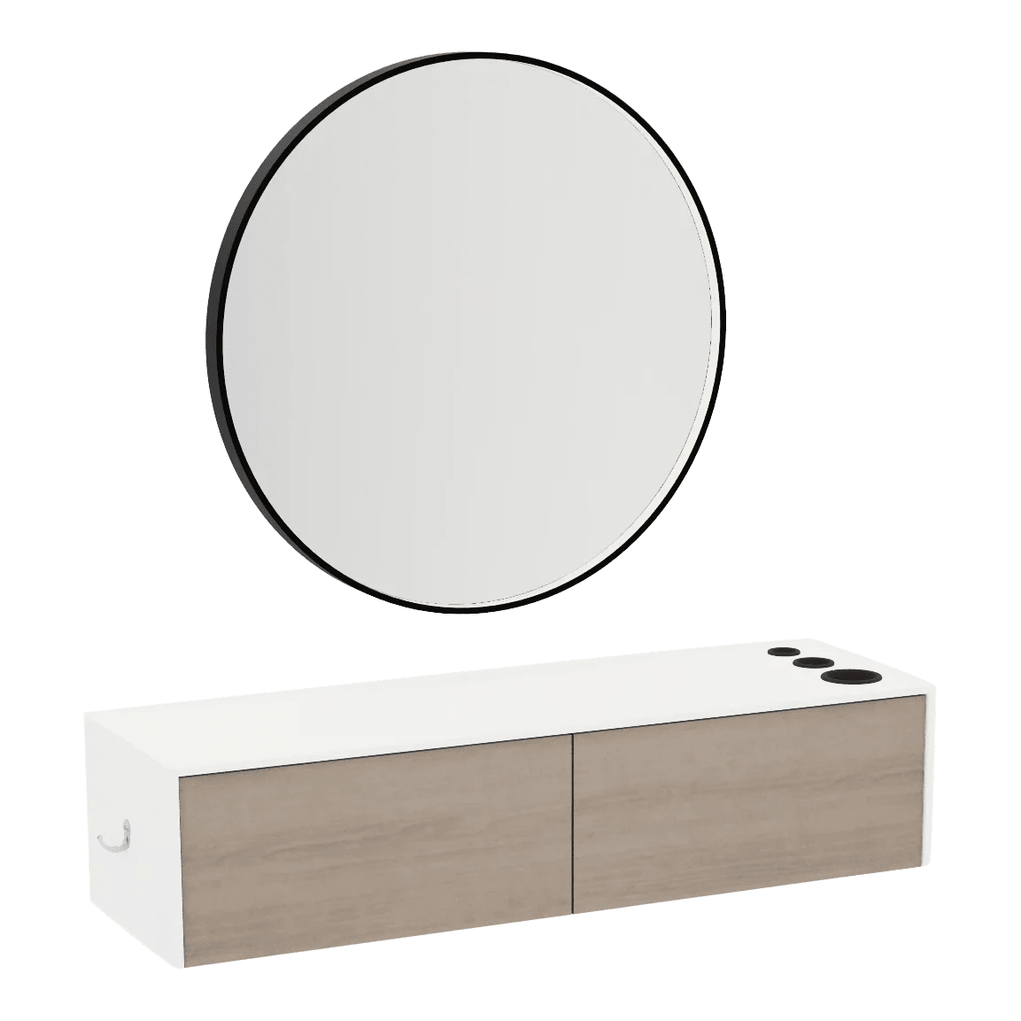Glo Wall Mount Styling Station with Nestled Appliance Holder, Solid Surface Countertop, and Black Round Westin Mirror - Kaemark