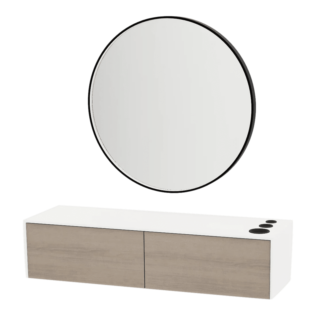 Glo Wall Mount Styling Station with Nestled Appliance Holder, Solid Surface Countertop, and Black Round Westin Mirror - Kaemark