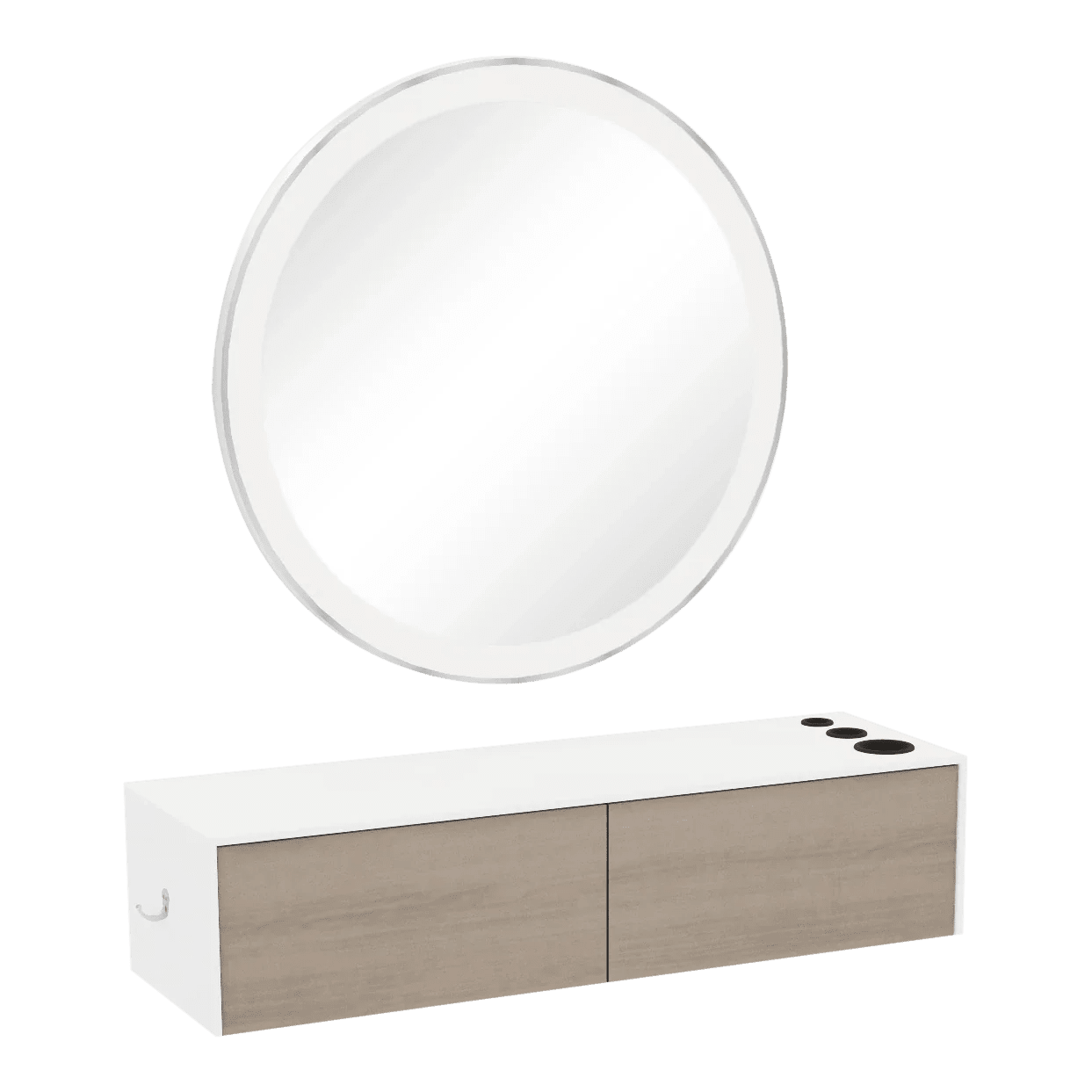 Glo Wall Mount Styling Station with Nestled Appliance Holder, Solid Surface Countertop, and Silver Round Glo Mirror - Kaemark