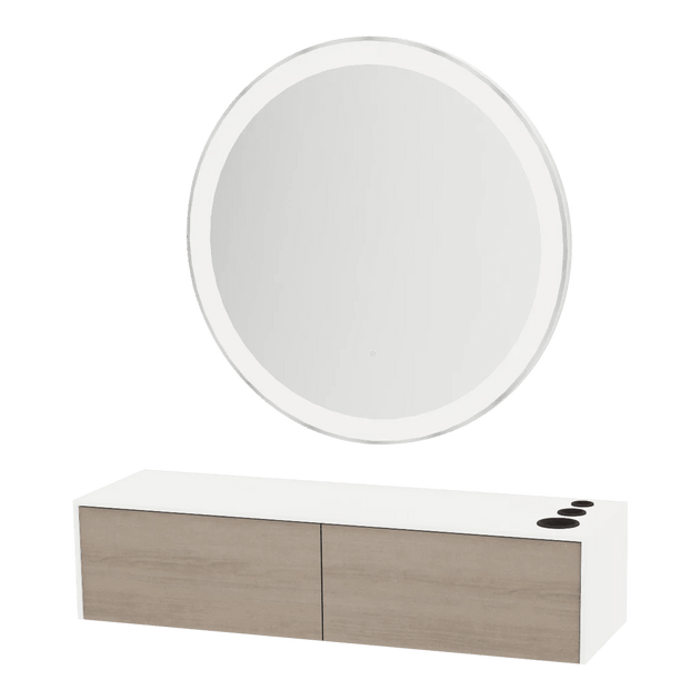Glo Wall Mount Styling Station with Nestled Appliance Holder, Solid Surface Countertop, and Silver Round Glo Mirror - Kaemark