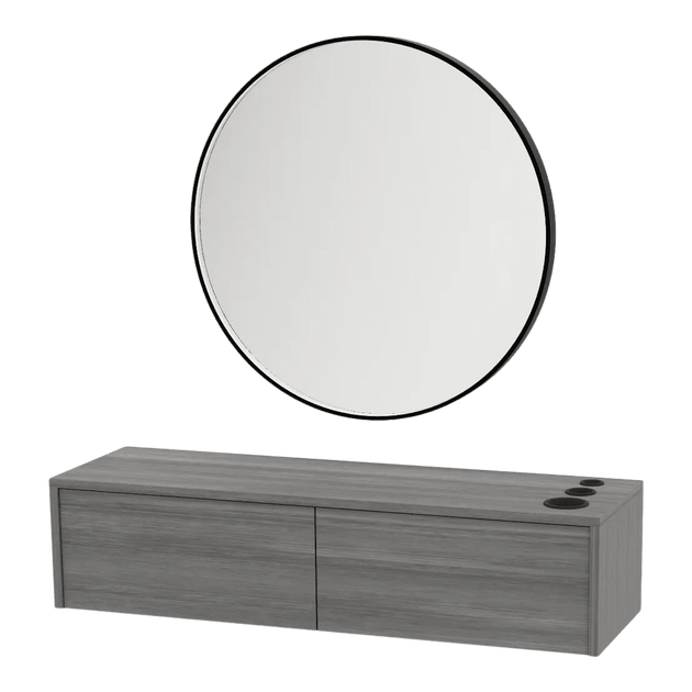 Glo Wall Mount Styling Station with Nestled Appliance Holder and Black Round Westin Mirror - Kaemark
