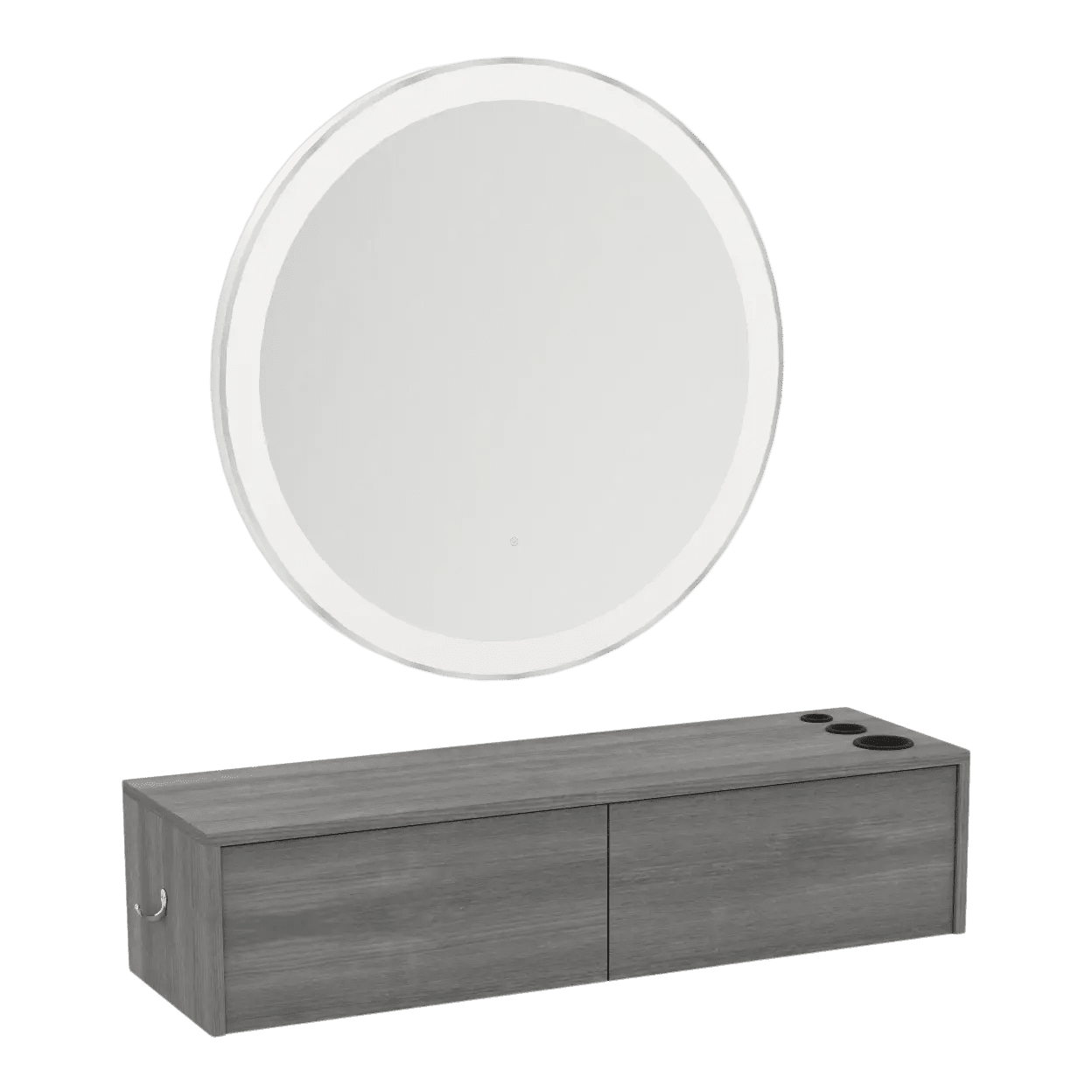 Glo Wall Mount Styling Station with Nestled Appliance Holder and Silver Round Glo Mirror - Kaemark