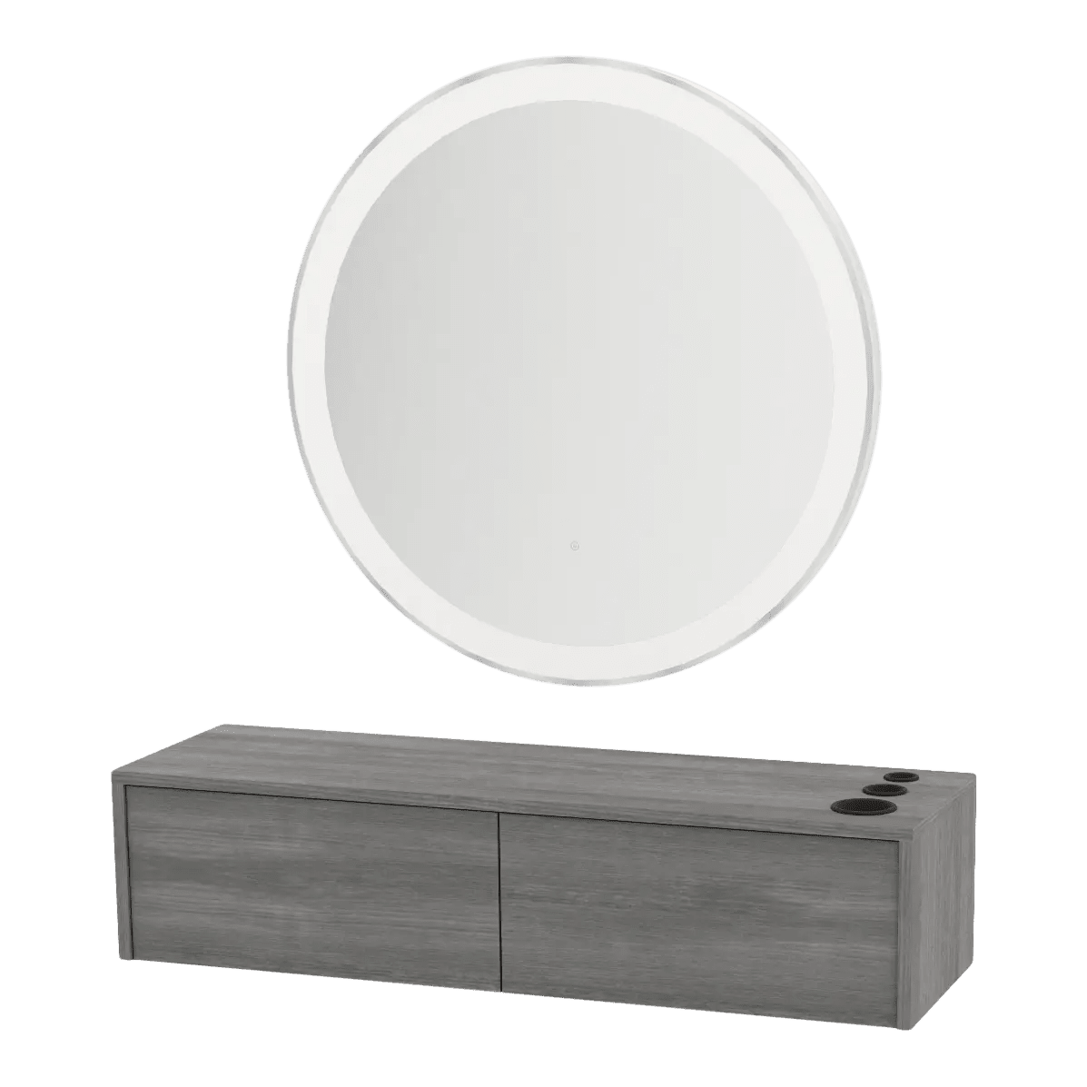 Glo Wall Mount Styling Station with Nestled Appliance Holder and Silver Round Glo Mirror - Kaemark