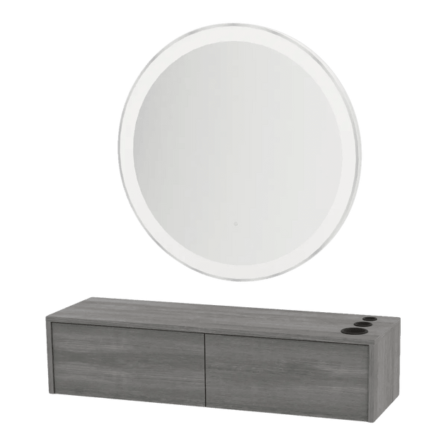 Glo Wall Mount Styling Station with Nestled Appliance Holder and Silver Round Glo Mirror - Kaemark