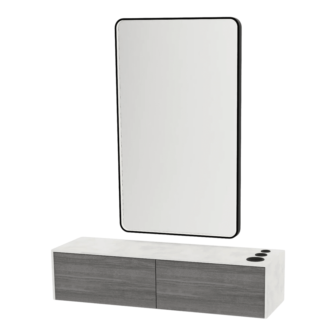Glo Wall Mount Styling Station with Nestled Appliance Holder, Solid Surface Countertop, and Black Rectangle Westin Mirror - Kaemark