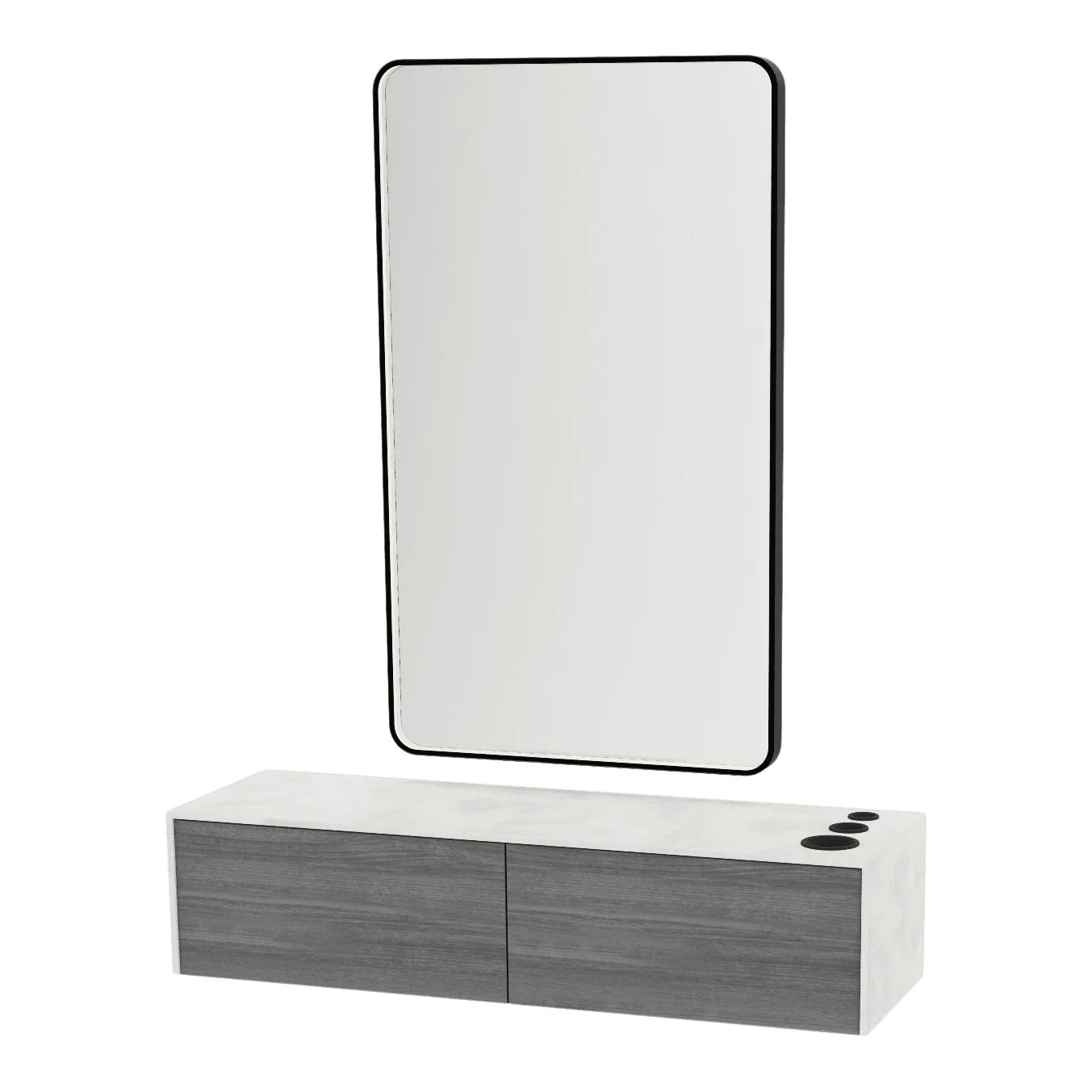 Glo Wall Mount Styling Station with Nestled Appliance Holder, Solid Surface Countertop, and Black Rectangle Westin Mirror - Kaemark