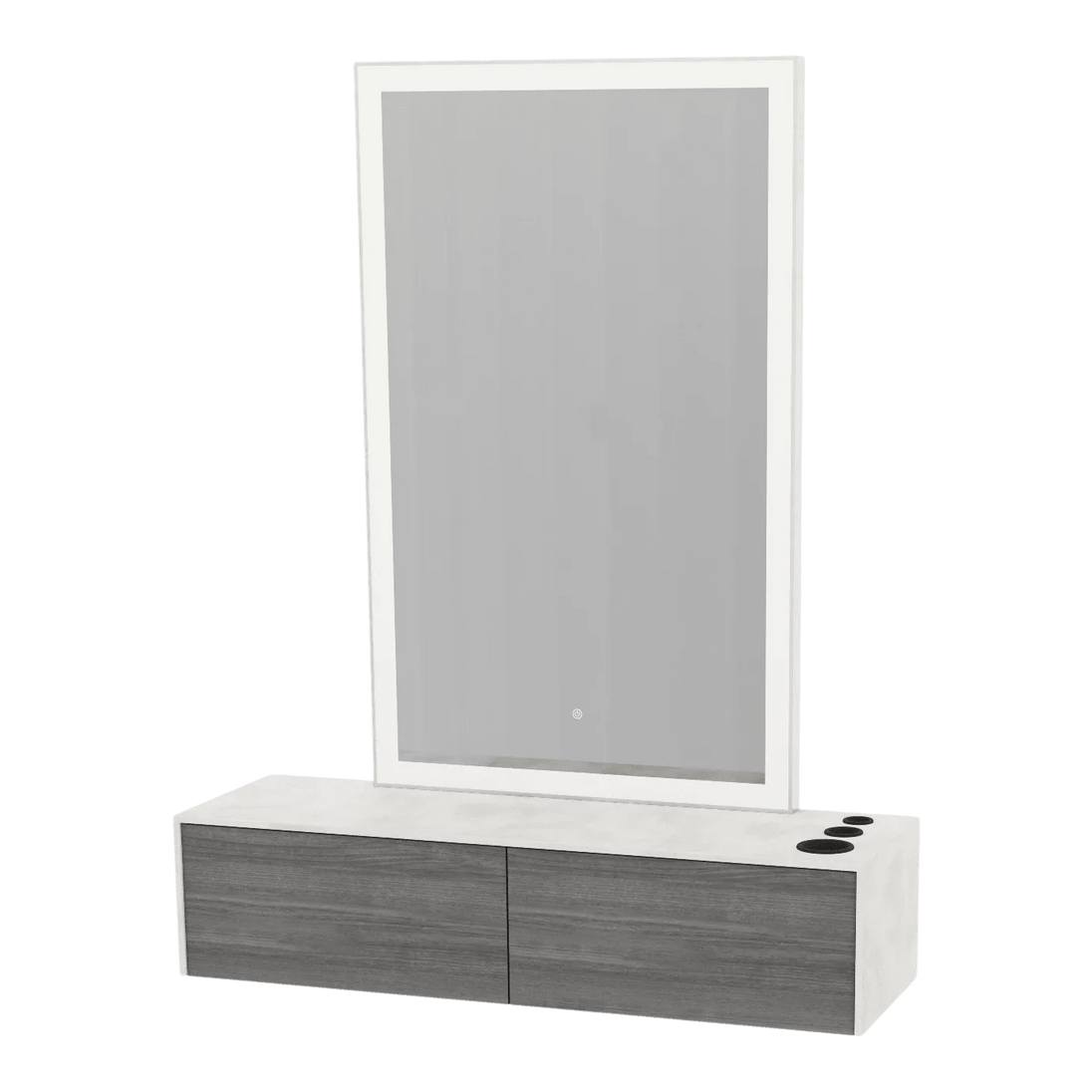 Glo Wall Mount Styling Station with Nestled Appliance Holder, Solid Surface Countertop, and Silver Rectangle Glo Mirror - Kaemark