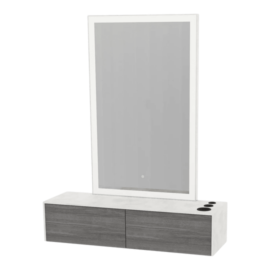Glo Wall Mount Styling Station with Nestled Appliance Holder, Solid Surface Countertop, and Silver Rectangle Glo Mirror - Kaemark