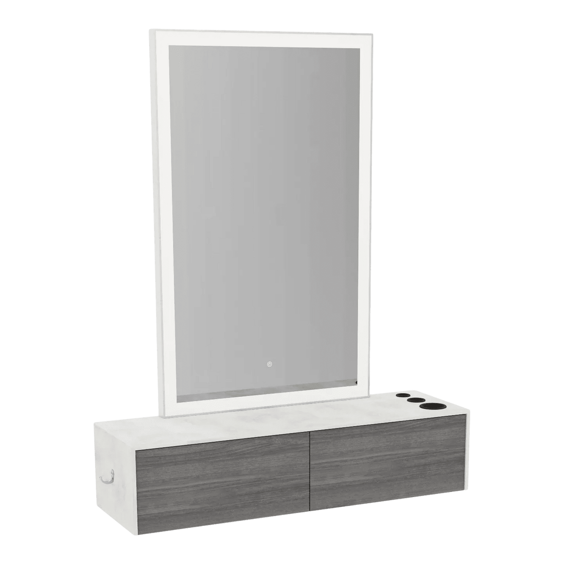 Glo Wall Mount Styling Station with Nestled Appliance Holder, Solid Surface Countertop, and Silver Rectangle Glo Mirror - Kaemark