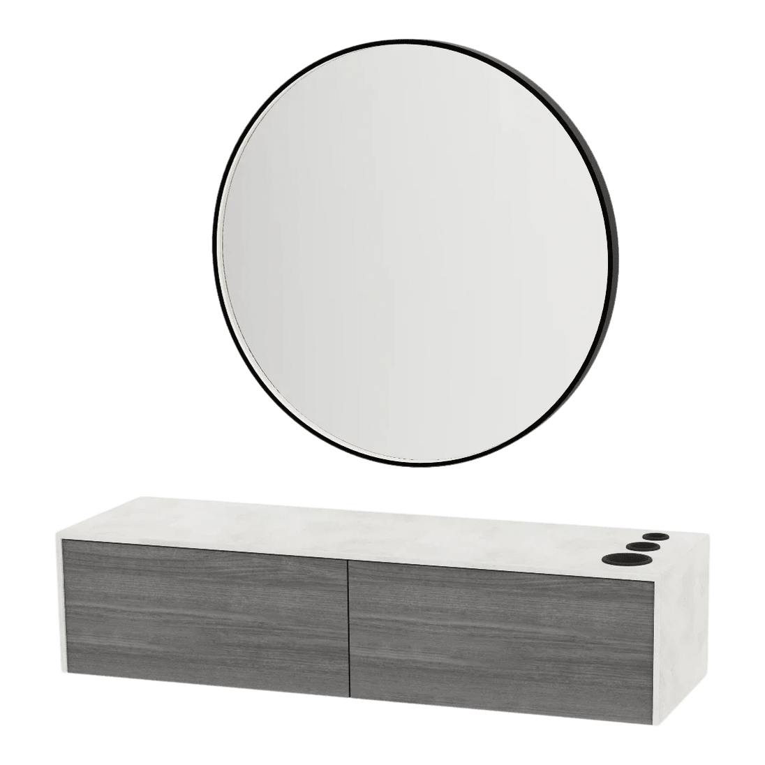 Glo Wall Mount Styling Station with Nestled Appliance Holder, Solid Surface Countertop, and Black Round Westin Mirror - Kaemark