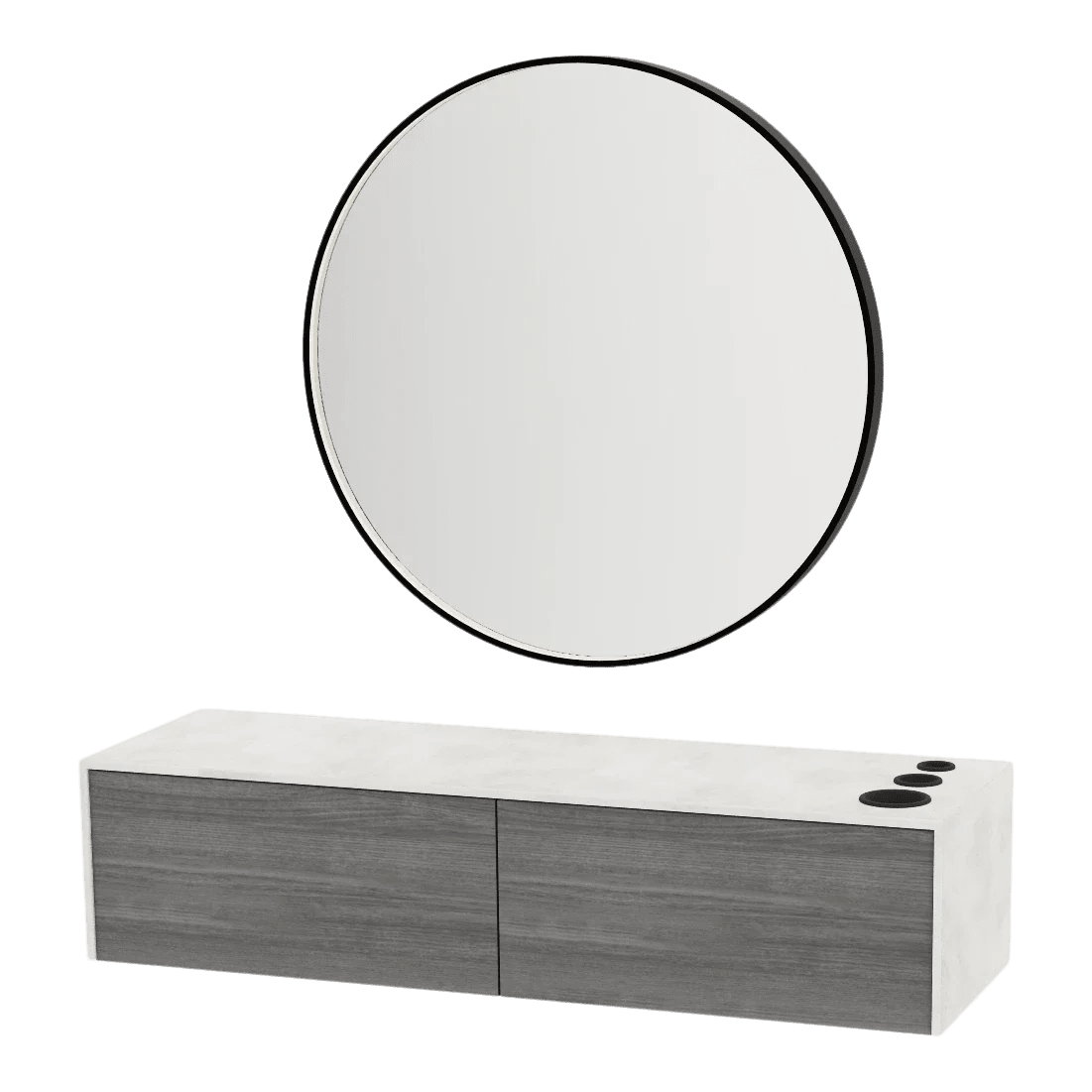 Glo Wall Mount Styling Station with Nestled Appliance Holder, Solid Surface Countertop, and Black Round Westin Mirror - Kaemark
