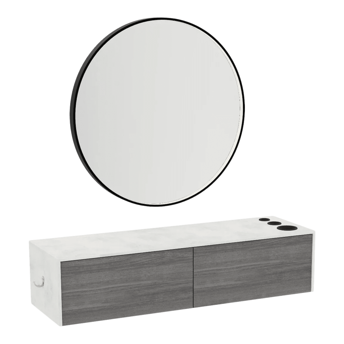 Glo Wall Mount Styling Station with Nestled Appliance Holder, Solid Surface Countertop, and Black Round Westin Mirror - Kaemark