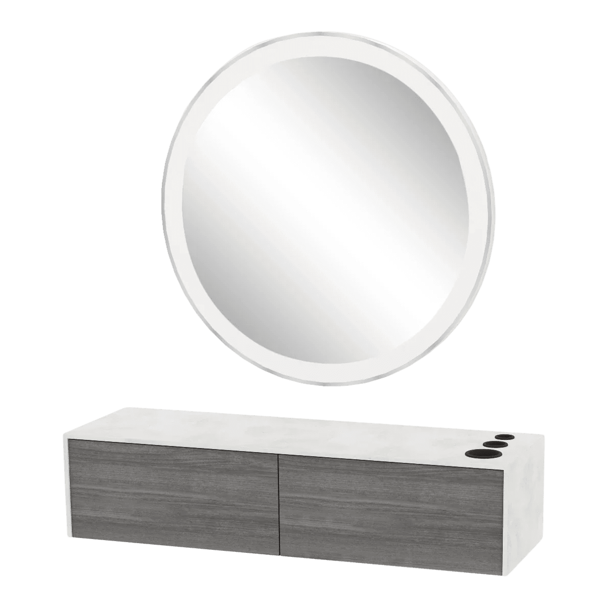 Glo Wall Mount Styling Station with Nestled Appliance Holder, Solid Surface Countertop, and Silver Round Glo Mirror - Kaemark
