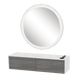 Glo Wall Mount Styling Station with Nestled Appliance Holder, Solid Surface Countertop, and Silver Round Glo Mirror - Kaemark