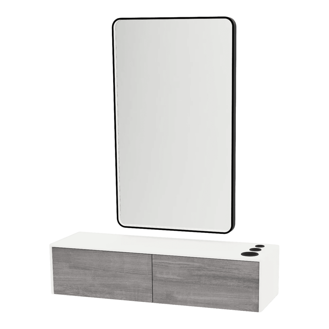 Glo Wall Mount Styling Station with Nestled Appliance Holder, Solid Surface Countertop, and Black Rectangle Westin Mirror - Kaemark
