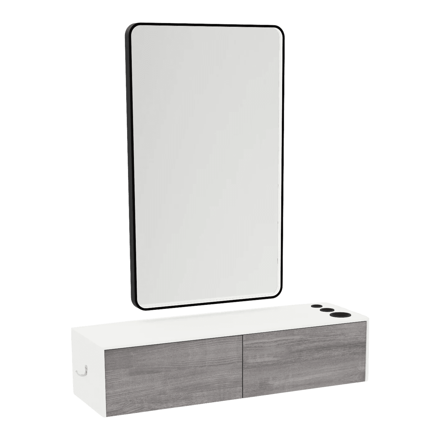 Glo Wall Mount Styling Station with Nestled Appliance Holder, Solid Surface Countertop, and Black Rectangle Westin Mirror - Kaemark