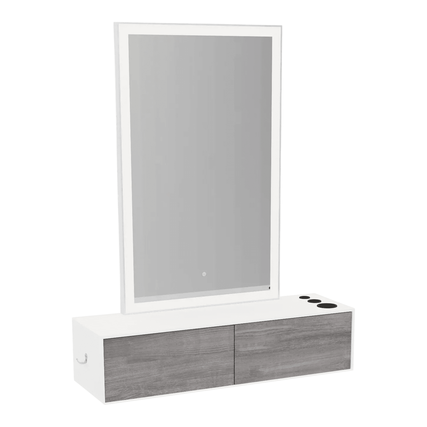 Glo Wall Mount Styling Station with Nestled Appliance Holder, Solid Surface Countertop, and Silver Rectangle Glo Mirror - Kaemark