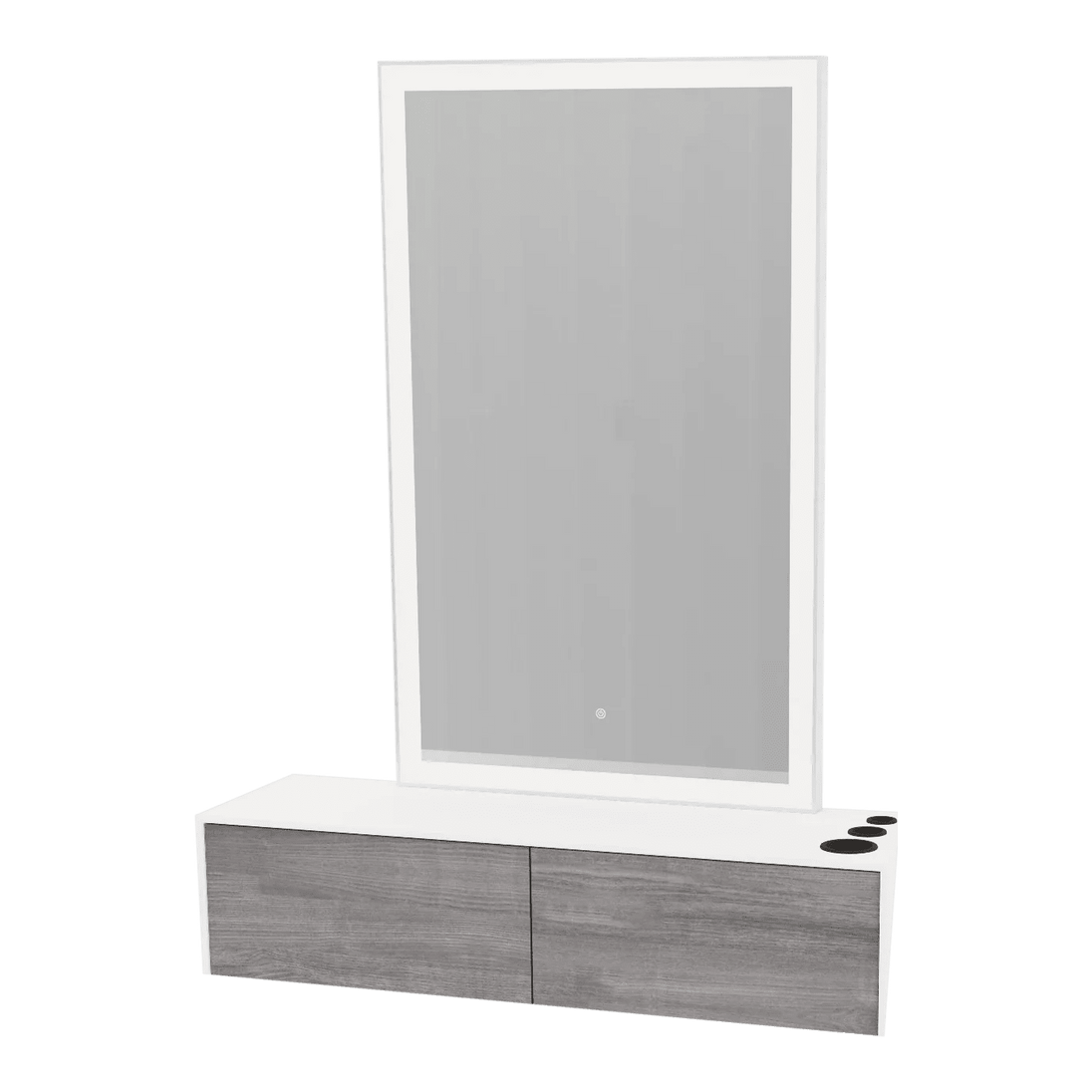 Glo Wall Mount Styling Station with Nestled Appliance Holder, Solid Surface Countertop, and Silver Rectangle Glo Mirror - Kaemark