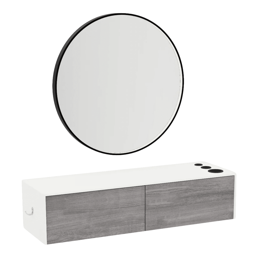 Glo Wall Mount Styling Station with Nestled Appliance Holder, Solid Surface Countertop, and Black Round Westin Mirror - Kaemark