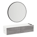 Glo Wall Mount Styling Station with Nestled Appliance Holder, Solid Surface Countertop, and Black Round Westin Mirror - Kaemark