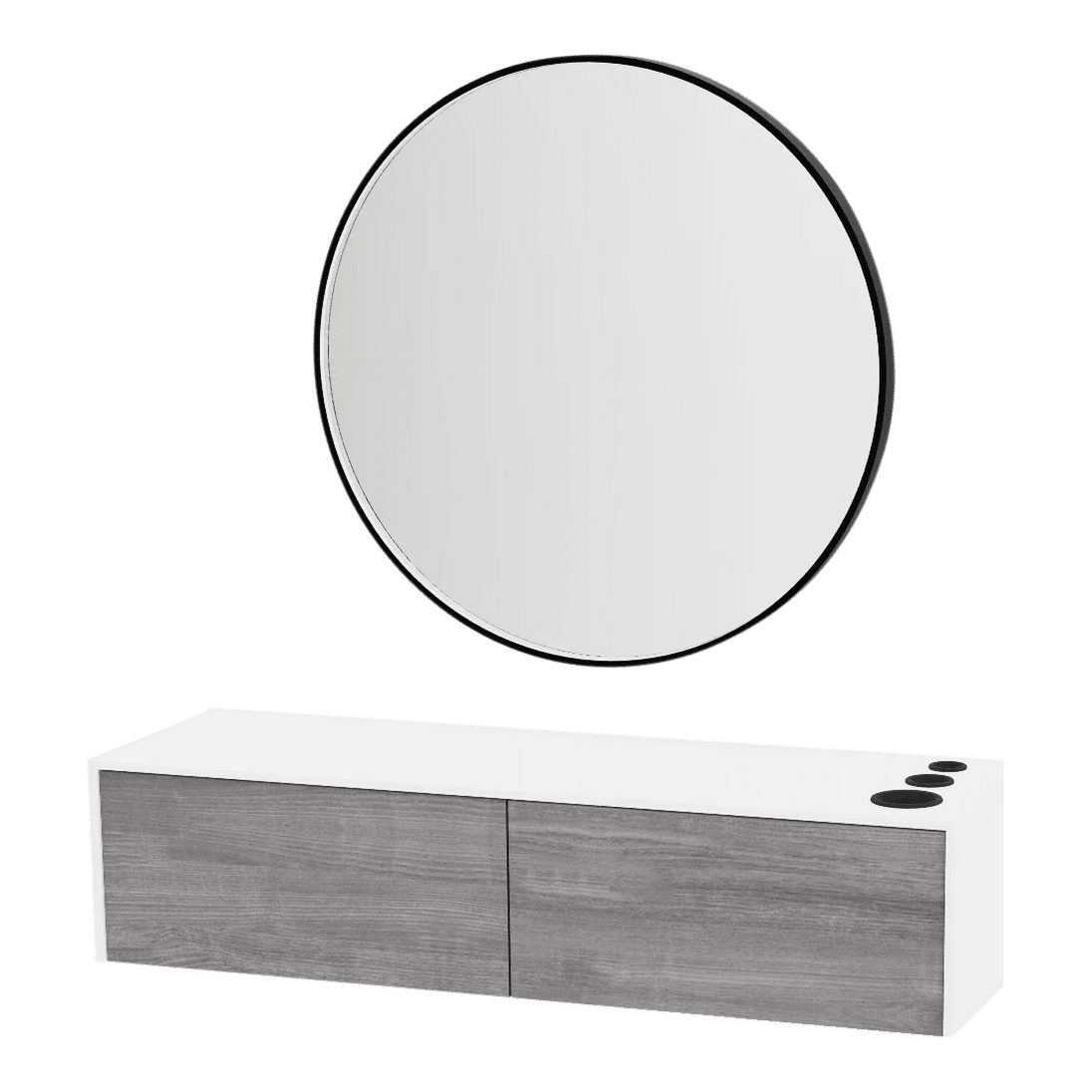 Glo Wall Mount Styling Station with Nestled Appliance Holder, Solid Surface Countertop, and Black Round Westin Mirror - Kaemark