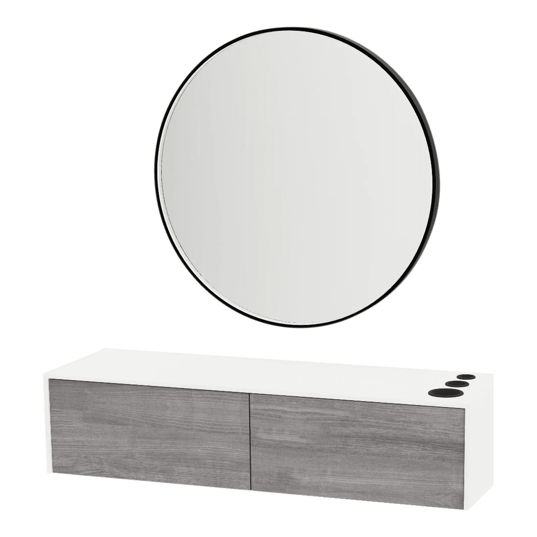 Glo Wall Mount Styling Station with Nestled Appliance Holder, Solid Surface Countertop, and Black Round Westin Mirror - Kaemark