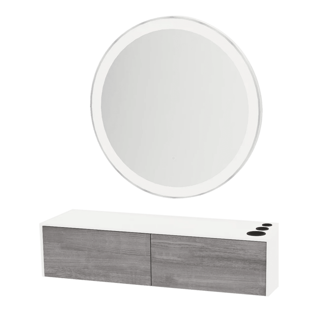 Glo Wall Mount Styling Station with Nestled Appliance Holder, Solid Surface Countertop, and Silver Round Glo Mirror - Kaemark