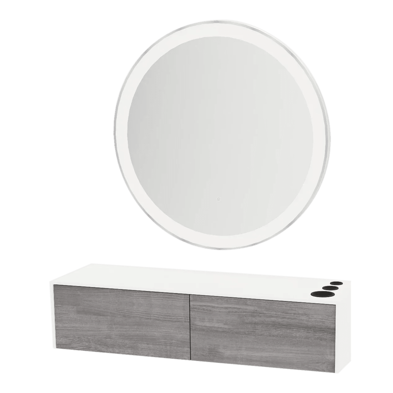 Glo Wall Mount Styling Station with Nestled Appliance Holder, Solid Surface Countertop, and Silver Round Glo Mirror - Kaemark
