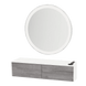 Glo Wall Mount Styling Station with Nestled Appliance Holder, Solid Surface Countertop, and Silver Round Glo Mirror - Kaemark