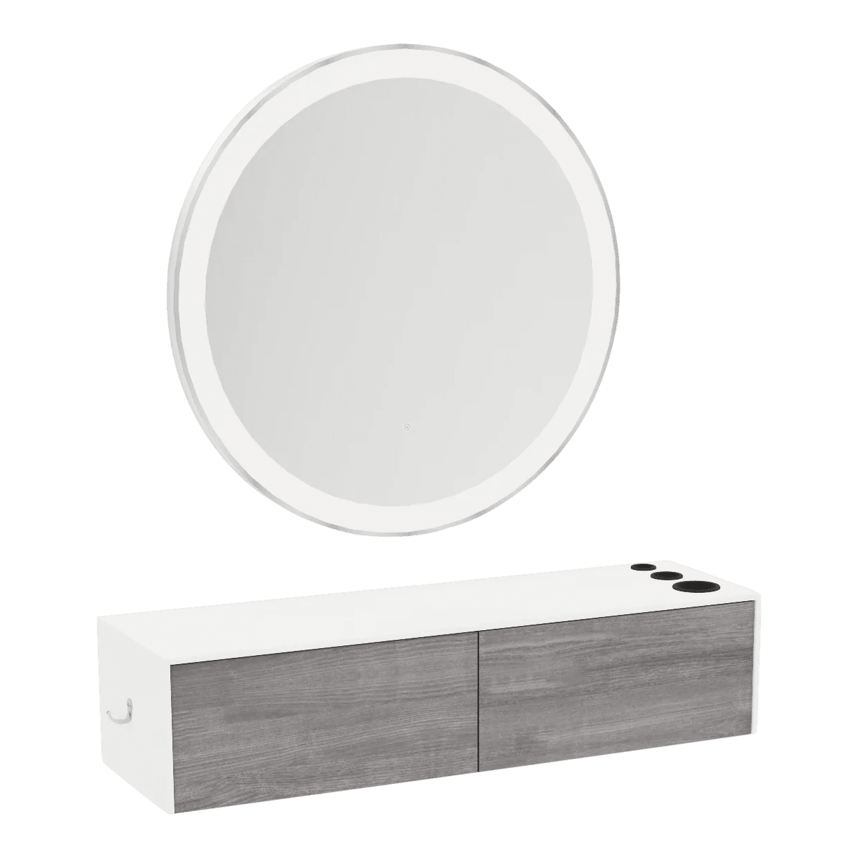 Glo Wall Mount Styling Station with Nestled Appliance Holder, Solid Surface Countertop, and Silver Round Glo Mirror - Kaemark