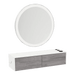 Glo Wall Mount Styling Station with Nestled Appliance Holder, Solid Surface Countertop, and Silver Round Glo Mirror - Kaemark