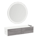 Glo Wall Mount Styling Station with Nestled Appliance Holder, Solid Surface Countertop, and Silver Round Glo Mirror - Kaemark