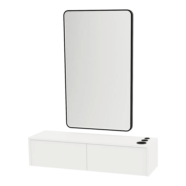 Glo Wall Mount Styling Station with Nestled Appliance Holder and Black Rectangle Westin Mirror - Kaemark