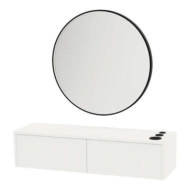 Glo Wall Mount Styling Station with Nestled Appliance Holder and Black Round Westin Mirror - Kaemark