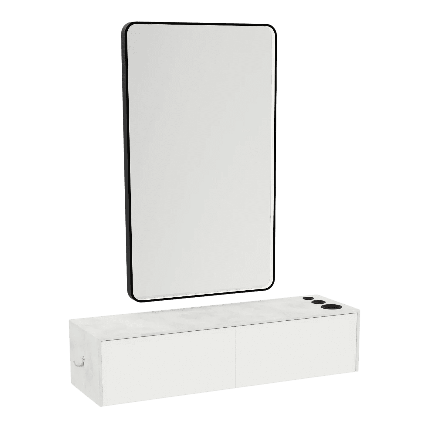 Glo Wall Mount Styling Station with Nestled Appliance Holder, Solid Surface Countertop, and Black Rectangle Westin Mirror - Kaemark
