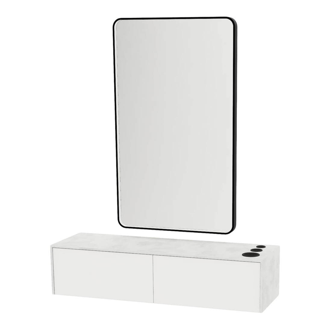 Glo Wall Mount Styling Station with Nestled Appliance Holder, Solid Surface Countertop, and Black Rectangle Westin Mirror - Kaemark