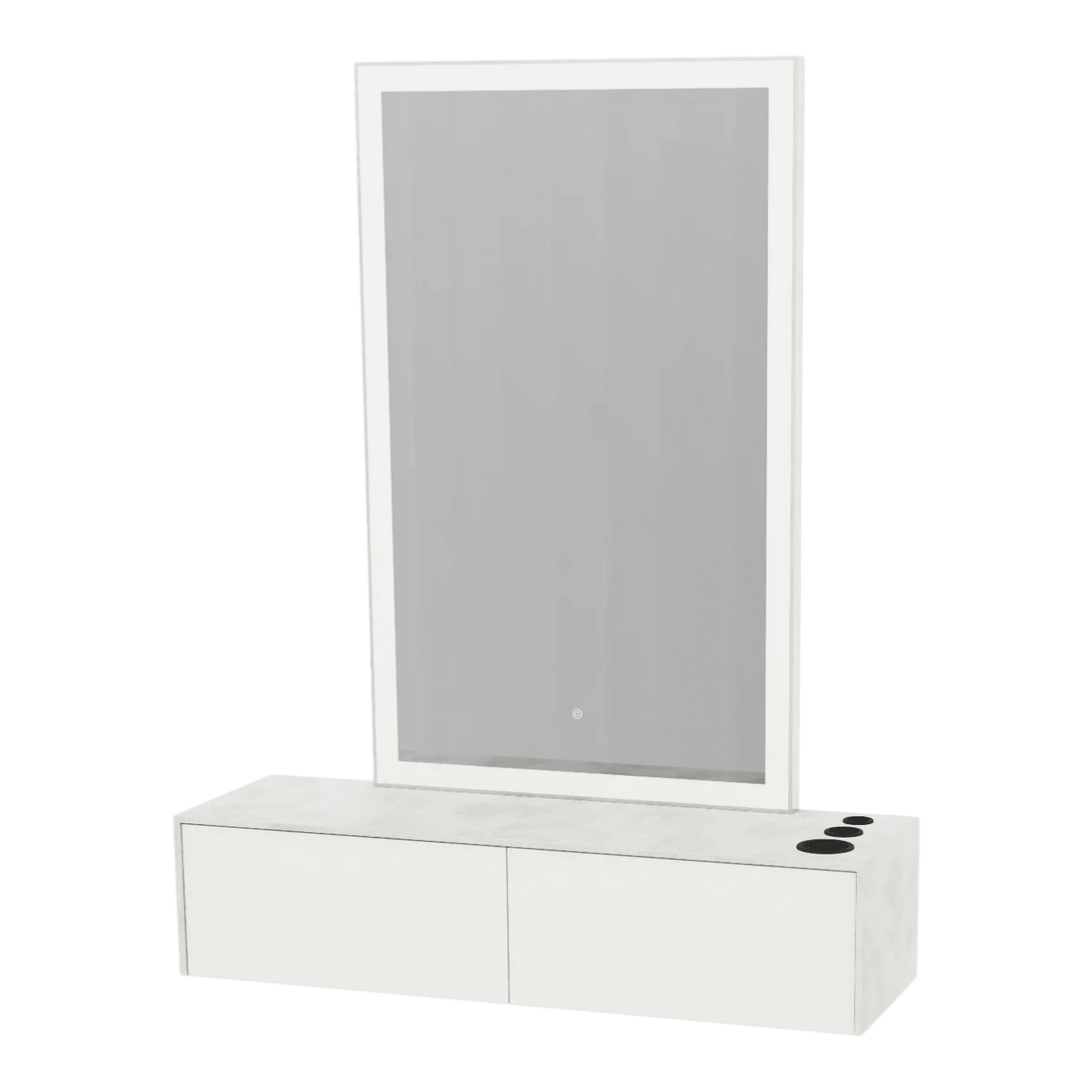Glo Wall Mount Styling Station with Nestled Appliance Holder, Solid Surface Countertop, and Silver Rectangle Glo Mirror - Kaemark
