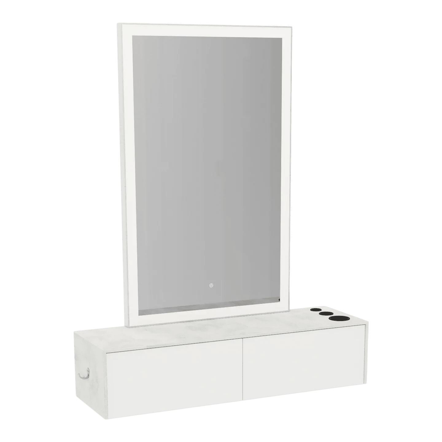 Glo Wall Mount Styling Station with Nestled Appliance Holder, Solid Surface Countertop, and Silver Rectangle Glo Mirror - Kaemark