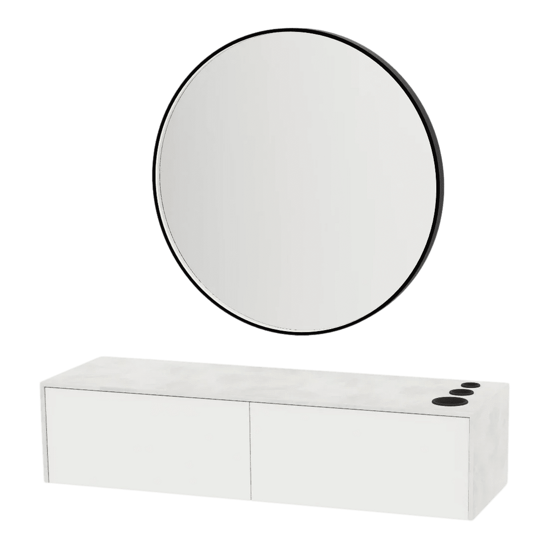 Glo Wall Mount Styling Station with Nestled Appliance Holder, Solid Surface Countertop, and Black Round Westin Mirror - Kaemark